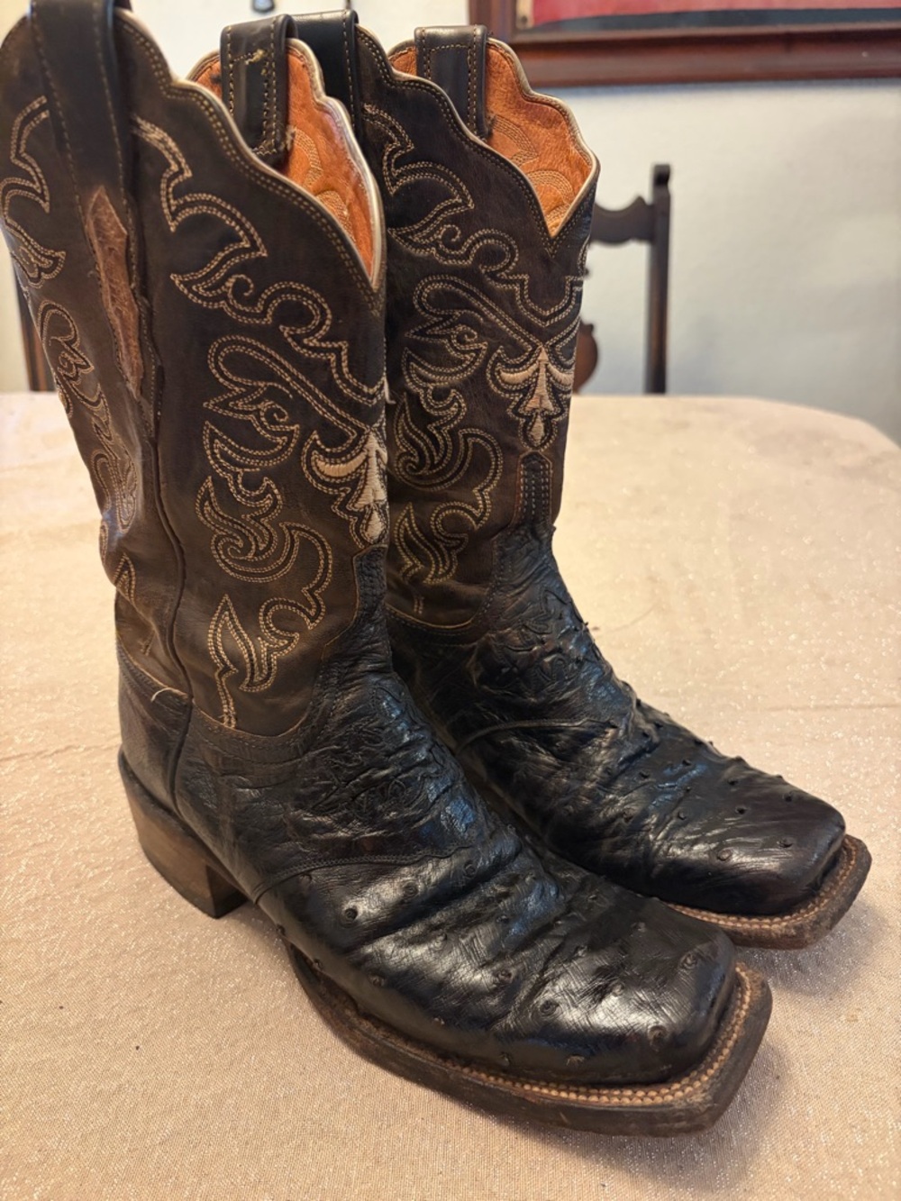 Lucchese Full Quill Black Ostrich Square Toe Boots 7.5B - Picture 2 of 4